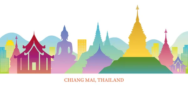 Chiang Mai, Thailandia Luoghi di interesse Skyline colorato Silhouette Backg — Vettoriale Stock