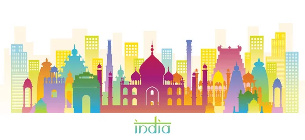 Índia Skyline marcos coloridos Silhueta fundo — Vetor de Stock