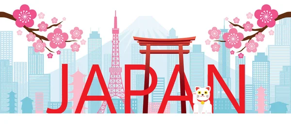 Japon Skyline Landmarks avec texte ou mot — Image vectorielle