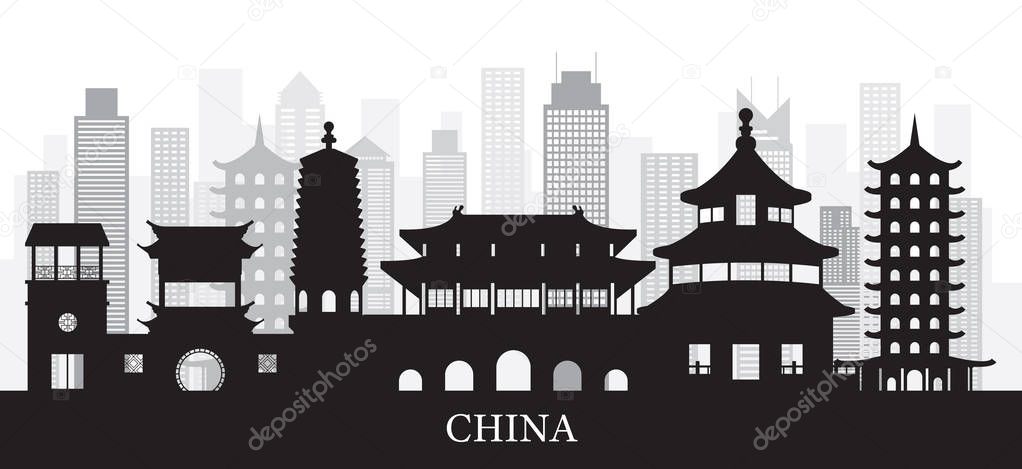 China Skyline Landmarks Silhouette Background