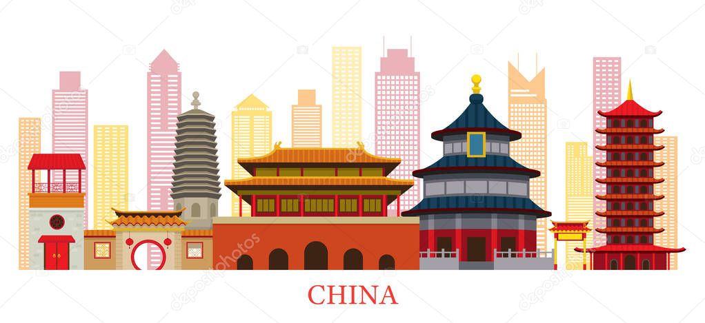 China Skyline Landmarks in Flat Style