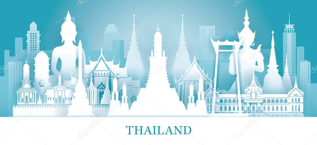 Thailand Skyline Landmarks in Paper Cutting Style