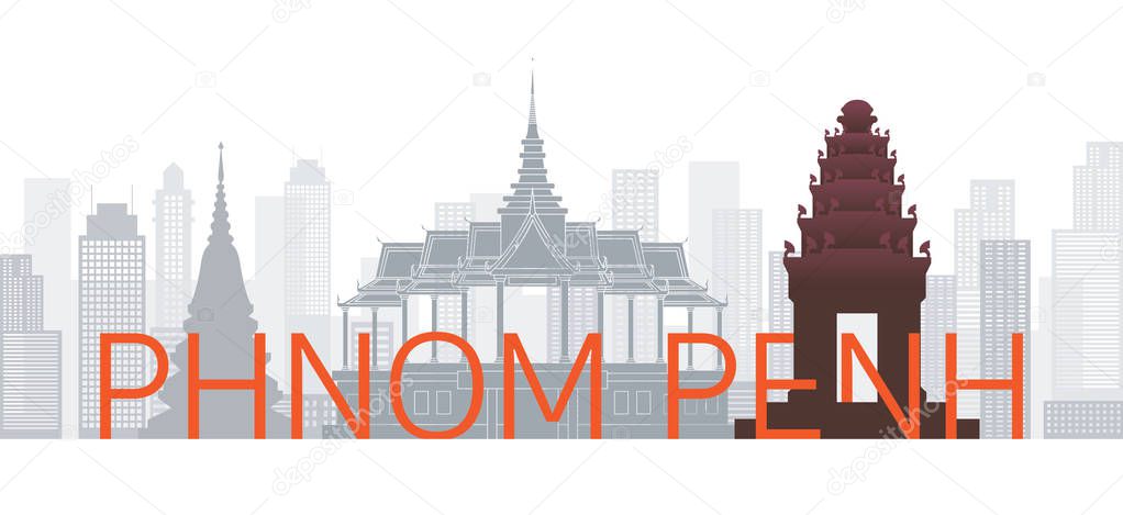 Phnom Penh, Cambodia Skyline Landmarks with Text or Word