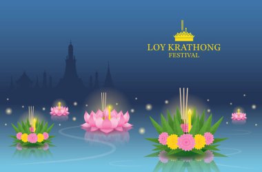Nehirdeki Loy Krathong Festivali, Tapınak Simgesi Skyline Arkaplan