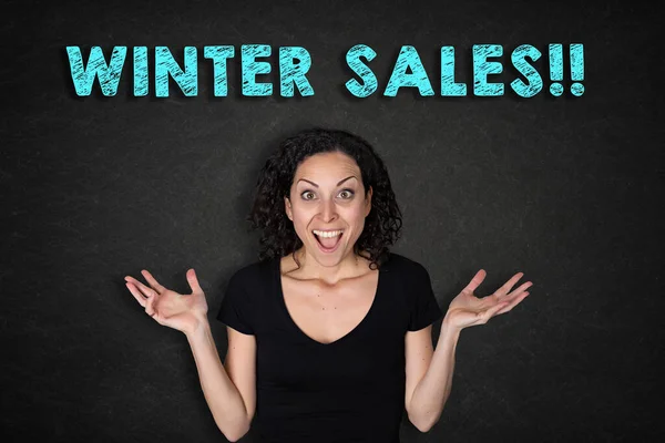 Young Surprised Woman Open Mouth Winter Sales Text — Stock Photo, Image