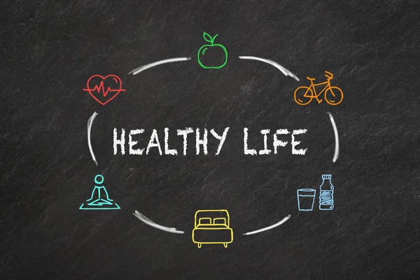 Healthy Life Text Icons Hand Drawn Blackboard Background — Foto de Stock