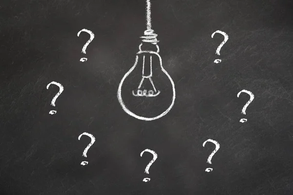 Question marks and light bulb hand draw on chalkboard