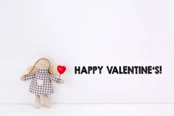 Kleine Engel Pop Met Een Ballon Rood Hart Gelukkige Valentijnskaart — Stockfoto