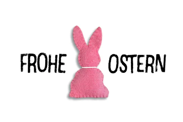Beyaz arka planda 'Frohe Ostern' yazılı Pembe Paskalya Tavşanı. Çevirisi: Mutlu Paskalyalar