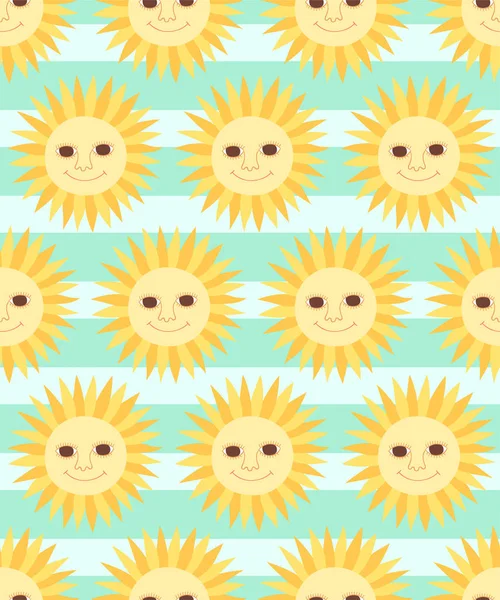 Cute Cartoon Character Sun Seamless Pattern Striped Background — Stock Vector
