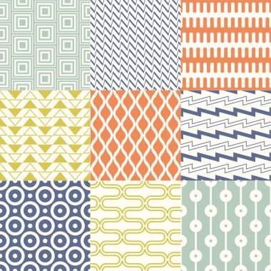 Renkli trendy retro geometrik Dikişsiz desen set iç tasarım için. Vektör arka plan toplama