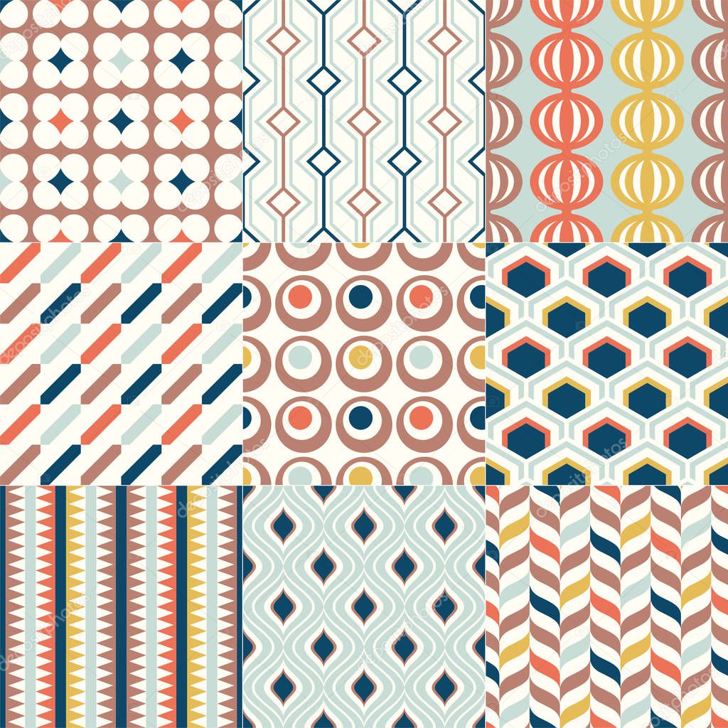 Set of colorful mid century geometric seamless patterns for interior design. Vector backgrounds collection