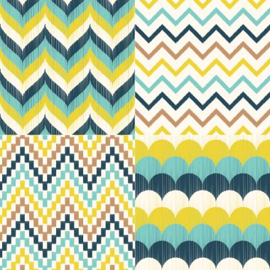 Dört deniz mavisi, su ve sarı işaretsiz desenli vektör kümesi. Tekrarlanan örgü & deniz tarağı arkaplanı