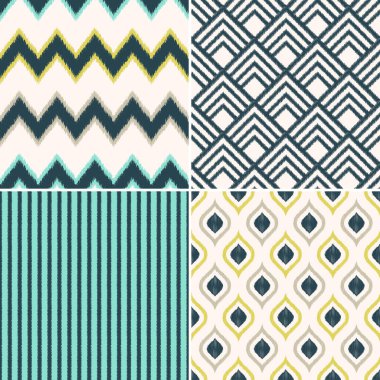 Vector set of modern seamless geometric textile vector background in navy, green, lime & beige colors. Abstract repeated pattern for home interior, fabric design clipart