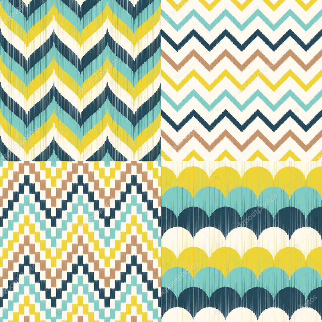 Vector set of four teal, aqua and yellow chevron seamless patterns. Repeated braid & scallop backgrounds