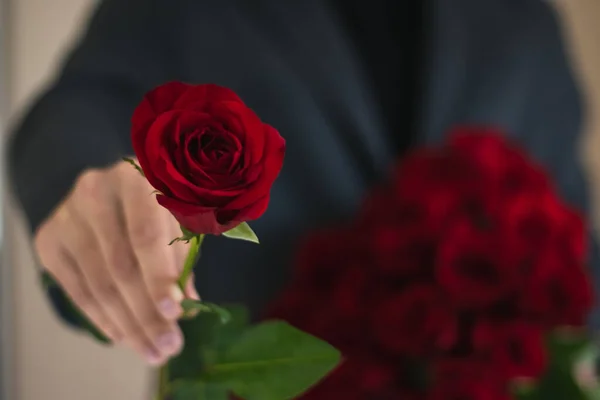 The man holds a bouquet of red roses and gives one red rose