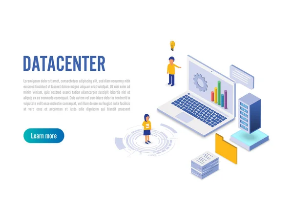 インターネットデータセンター接続 ウェブホスティングコンセプトの管理者 サービスの文字とテキスト 安全なサーバーのための技術センターハードウェアソフトウェアデータベース フラットアイソメベクトルイラストレーション ベクトル Eps10 — ストックベクタ