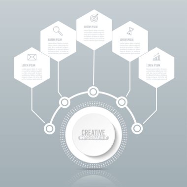 3 boyutlu kağıt etiketli vektör bilgi şablonu, entegre daireler. Seçenekli iş kavramı. İçerik, diyagram, akış şeması, adımlar, parçalar, zaman çizelgesi bilgi grafikleri, iş akışı düzeni, grafik