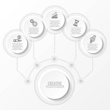 3 boyutlu kağıt etiketli vektör bilgi şablonu, entegre daireler. Seçenekli iş kavramı. İçerik, diyagram, akış şeması, adımlar, parçalar, zaman çizelgesi bilgi grafikleri, iş akışı düzeni, grafik