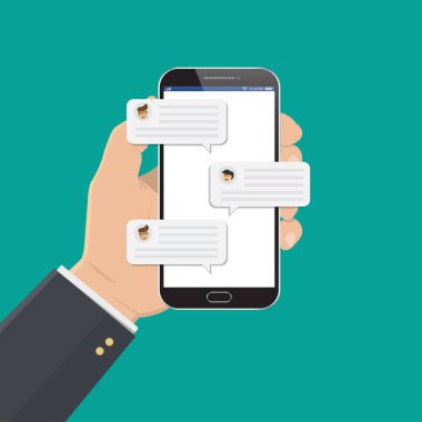 Cep telefonu sohbet mesajı bildirimleri vektör illüstrasyon renk arka plan izole, akıllı telefon ve sohbet kabarcık konuşmaları ile el, online konuşma kavramı