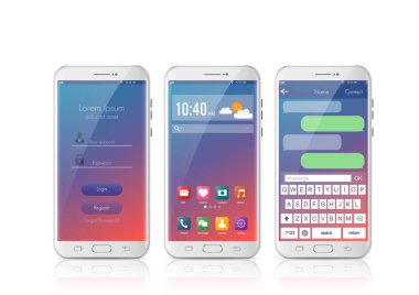 Yeni gerçekçi cep telefonu modern tarzda. Kullanıcı simgeli akıllı telefon. Beyaz arkaplanda arayüz giriş tasarımı ve mesajlaşma sms uygulaması