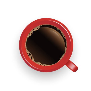 Gerçekçi üst görünüm kırmızı kahve bardağı ve daire beyaz b izole