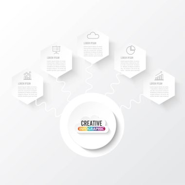 3 boyutlu kağıt etiketli vektör bilgi şablonu, entegre daireler. Seçenekli iş kavramı. İçerik, diyagram, akış şeması, adımlar, parçalar, zaman çizelgeleri, grafikler