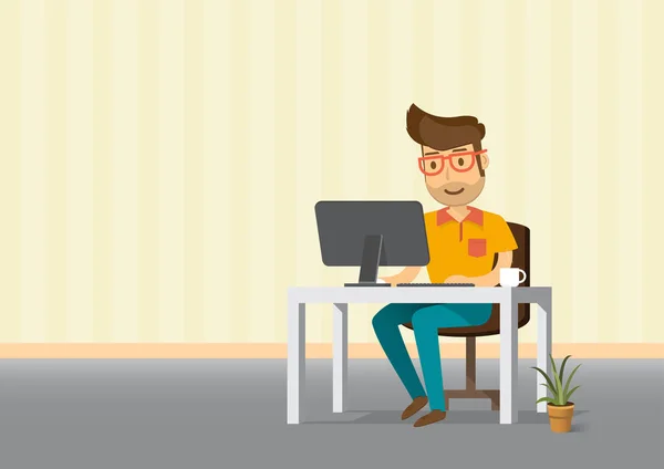 Homme travaillant sur ordinateur de bureau et tasse de café. — Image vectorielle