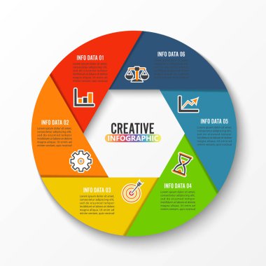 Vektör Infographic tasarım şablonu. 6 seçenekleri, parçalar, adımları veya işlemler ile iş kavramı. Kullanılabilir iş akışı düzeni, diyagram, numarası seçenekleri, web tasarım için. Veri görselleştirme