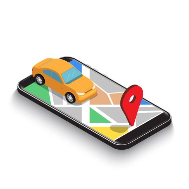 Düz 3d izometrik araba kullanımı gps harita navigasyon uygulaması Smartphone cep telefonu ile. Cep telefonu gps harita navigasyon teknolojisi kavramı