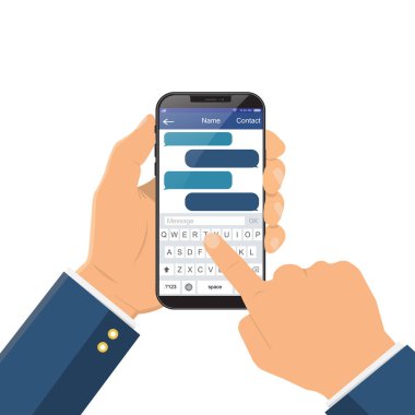 Akıllı telefon ekranında sohbet mesajı. Eller akıllı telefonu tutar, parmaklar ekrana dokunur. İnternet afişi için çağdaş anlık mesajlaşma kavramı. Yaratıcı düz tasarım vektör çizimi
