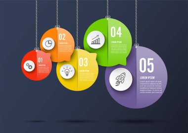 Bilgi grafikleri tasarım vektörü ve pazarlama simgeleri iş akışı düzeni, diyagram, yıllık rapor ve web tasarımı için kullanılabilir. 5 seçeneği, adımı veya süreci olan iş konsepti