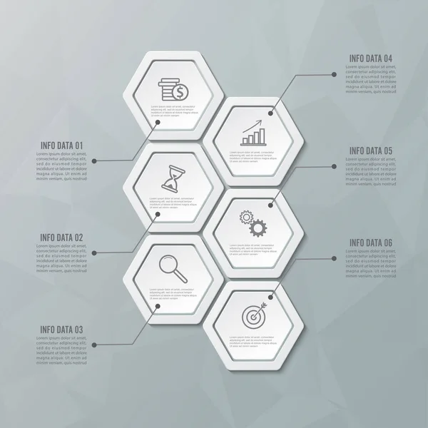 Vector Illustratie Zeshoek Infographics Opties Model Voor Brochure Business Webdesign — Stockvector