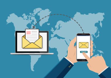 Bilgisayarında e-posta sembolü olan akıllı telefona dokunmak. Yeni mesaj. Yeni e-posta. Düz vektör illüstrasyonu.