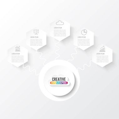 3 boyutlu kağıt etiketli vektör bilgi şablonu, entegre daireler. Seçenekli iş kavramı. İçerik, diyagram, akış şeması, adımlar, parçalar, zaman çizelgeleri, grafikler.