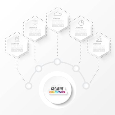 3 boyutlu kağıt etiketli vektör bilgi şablonu, entegre daireler. Seçenekli iş kavramı. İçerik, diyagram, akış şeması, adımlar, parçalar, zaman çizelgesi bilgi grafikleri, iş akışı düzeni, grafik