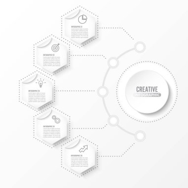 3 boyutlu kağıt etiketli vektör bilgi şablonu, entegre daireler. Seçenekli iş kavramı. İçerik, diyagram, akış şeması, adımlar, parçalar, zaman çizelgesi bilgi grafikleri, iş akışı düzeni, grafik
