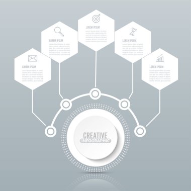 3 boyutlu kağıt etiketli vektör bilgi şablonu, entegre daireler. Seçenekli iş kavramı. İçerik, diyagram, akış şeması, adımlar, parçalar, zaman çizelgesi bilgi grafikleri, iş akışı düzeni, grafik