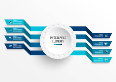 3 boyutlu kağıt etiketli vektör bilgi şablonu, entegre daireler. 8 seçenekli iş konsepti. İçerik, diyagram, akış şeması, adımlar, parçalar, zaman çizelgesi bilgileri, iş akışı, grafik.