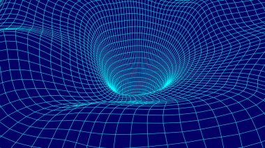Fütürist mavi huni. Telgraf çerçeveli uzay yolculuğu tüneli. Yüzey warp hızına sahip soyut mavi solucan deliği.