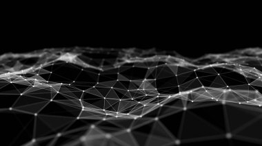 Uzayda hareket eden nokta ve çizgilerin olduğu soyut dalga arkaplanı. Teknoloji çizimi. Gelecekçi modern dinamik dalga. 3d oluşturma.