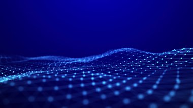 Uzayda hareket eden nokta ve çizgilerin olduğu soyut dalga arkaplanı. Teknoloji çizimi. Gelecekçi modern dinamik dalga. 3d oluşturma.