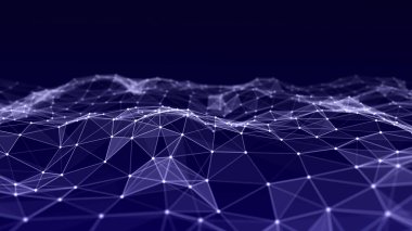 Uzayda hareket eden nokta ve çizgilerin olduğu soyut dalga arkaplanı. Teknoloji çizimi. Gelecekçi modern dinamik dalga. 3d oluşturma.
