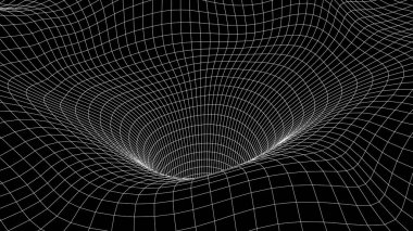 Fütürist siyah huni. Telgraf çerçeveli uzay yolculuğu tüneli. Yüzey warp hızına sahip soyut solucan deliği.