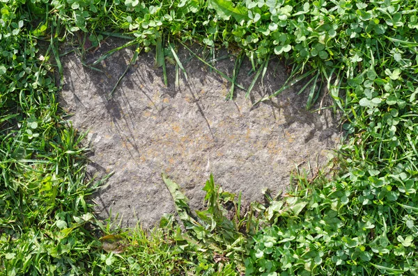 Marco de hierba verde en el centro pone una piedra — Foto de Stock