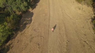 Dağlarda yürüyen bir kadının havadan görünüşü