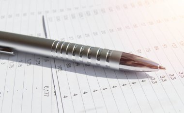 Analitik ve özetlerle mali raporlar, iş konsepti, ışık ve güneş ışığı üzerine gümüş kalem