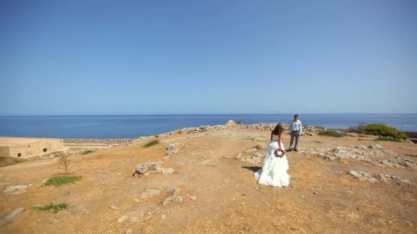 Beautiful bride and groom on the beach on their wedding day — Stock Video