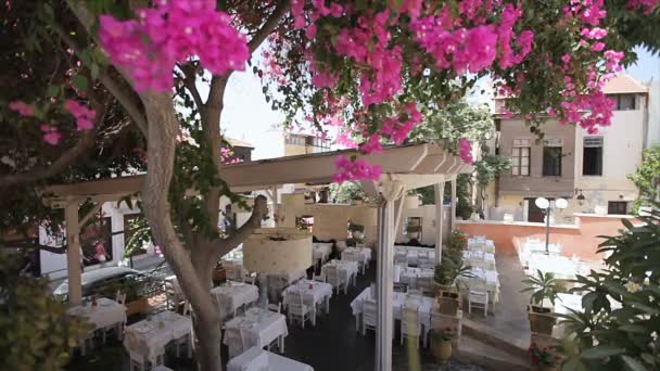 Acogedor restaurante al aire libre está en el jardín entre las flores — Vídeos de Stock