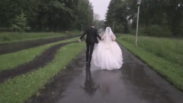 Bride and groom are running in the rain — Stock Video